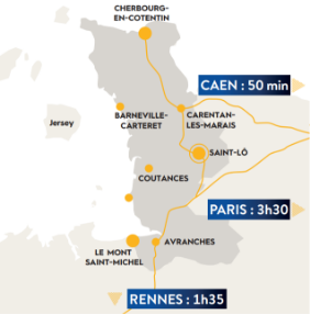 1h35 depuis Rennes, 50 minutes depuis Caen, 3h30 depuis Paris